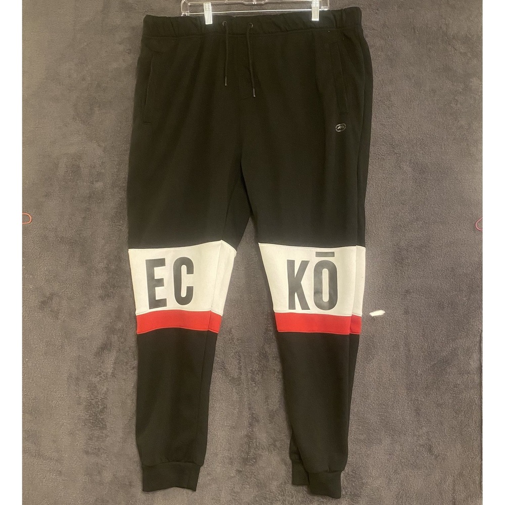 Vintage Ecko Mens Sweatpants Black 2XL Y2K Fleece Joggers Graphic Print Bottoms